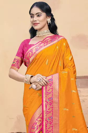 Sangam prints mustard silk woven work traditional saree