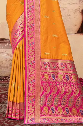 Sangam prints mustard silk woven work traditional saree