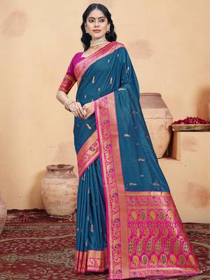 Sangam prints blue silk woven work traditional saree 1