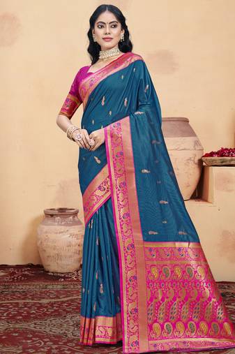 Sangam prints blue silk woven work traditional saree