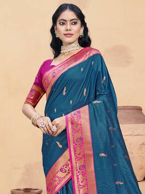 Sangam prints blue silk woven work traditional saree 2