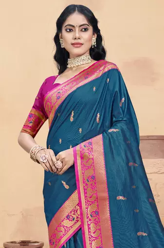 Sangam prints blue silk woven work traditional saree