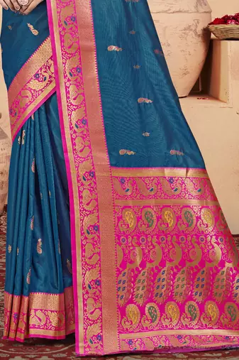 Sangam prints blue silk woven work traditional saree