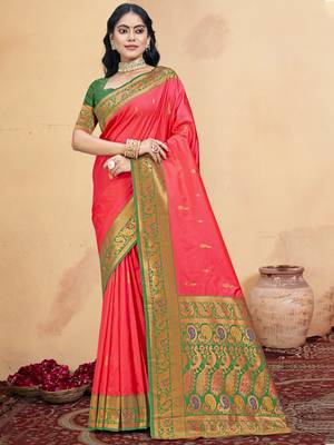 Sangam prints pink silk woven work traditional saree 1