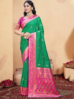 Sangam prints teal green silk woven work traditional saree 1