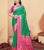 Sangam prints teal green silk woven work traditional saree