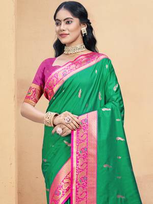 Sangam prints teal green silk woven work traditional saree 2