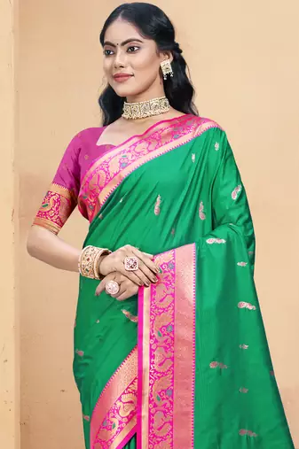 Sangam prints teal green silk woven work traditional saree