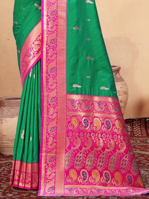 Sangam prints teal green silk woven work traditional saree 3