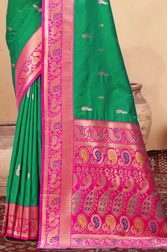 Sangam prints teal green silk woven work traditional saree