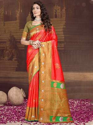Sangam prints red silk woven work traditional saree 1