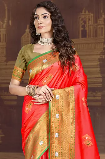 Sangam prints red silk woven work traditional saree