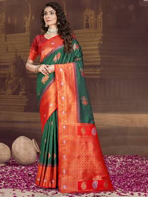 Sangam prints bottle green silk woven work traditional saree 1