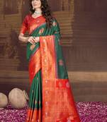 Sangam prints bottle green silk woven work traditional saree
