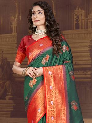 Sangam prints bottle green silk woven work traditional saree 2