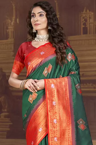 Sangam prints bottle green silk woven work traditional saree