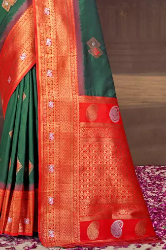 Sangam prints bottle green silk woven work traditional saree