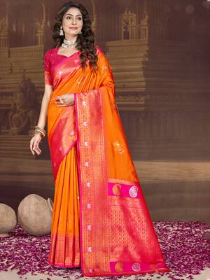 Sangam prints orange silk woven work traditional saree 1