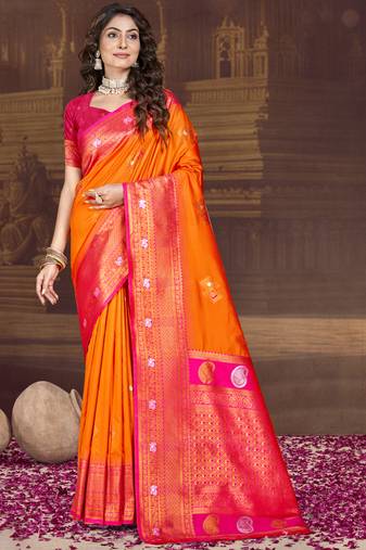 Sangam prints orange silk woven work traditional saree
