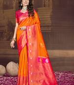 Sangam prints orange silk woven work traditional saree