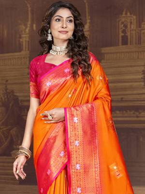 Sangam prints orange silk woven work traditional saree 2