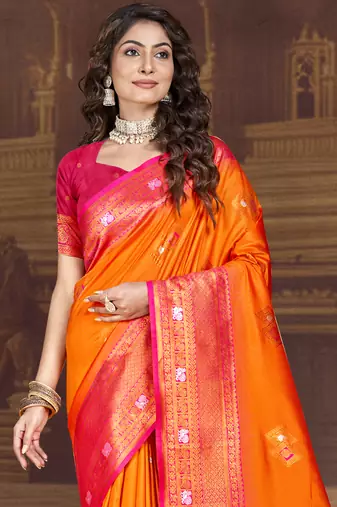 Sangam prints orange silk woven work traditional saree