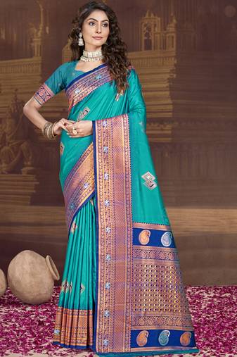 Sangam prints sky blue silk woven work traditional saree