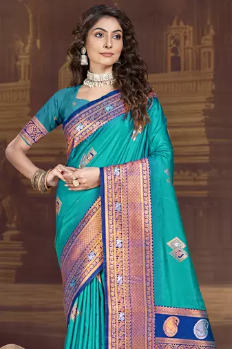 Sangam prints sky blue silk woven work traditional saree