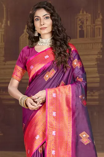 Sangam prints wine silk woven work traditional saree