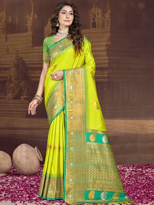 Sangam prints parrot green silk woven work traditional saree 1