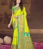 Sangam prints parrot green silk woven work traditional saree
