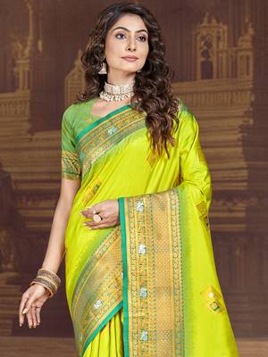 Sangam prints parrot green silk woven work traditional saree 2