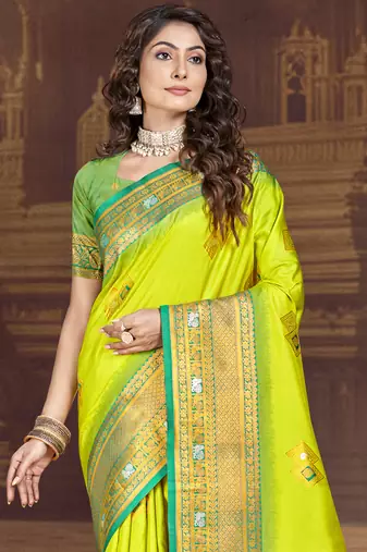 Sangam prints parrot green silk woven work traditional saree