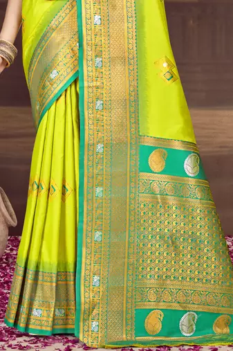 Sangam prints parrot green silk woven work traditional saree