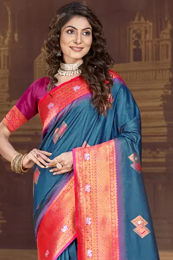 Sangam prints blue silk woven work traditional saree