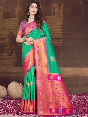 Sangam prints teal green silk woven work traditional saree 1