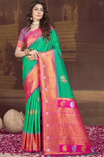 Sangam prints teal green silk woven work traditional saree