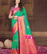 Sangam prints teal green silk woven work traditional saree