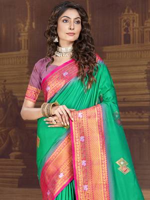 Sangam prints teal green silk woven work traditional saree 2