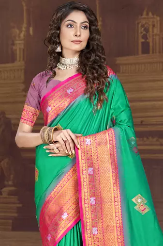 Sangam prints teal green silk woven work traditional saree