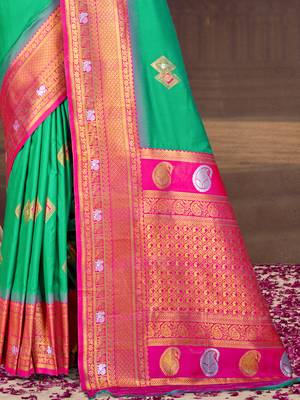Sangam prints teal green silk woven work traditional saree 3