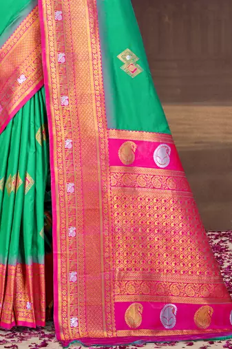 Sangam prints teal green silk woven work traditional saree