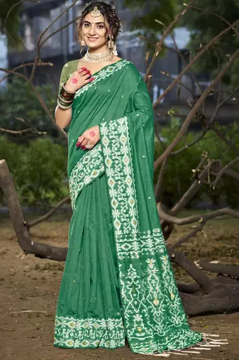 Sangam prints green cotton woven work traditional saree