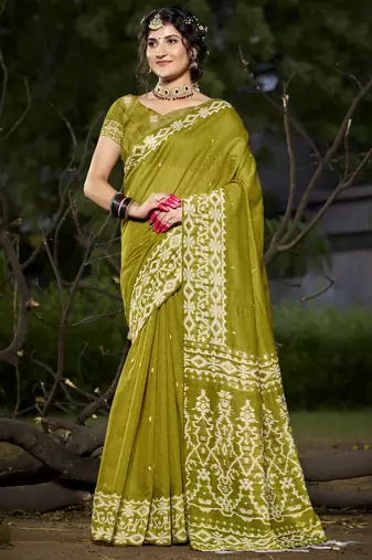 Sangam prints olive green cotton woven work traditional saree