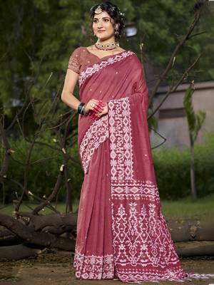 Sangam prints dark pink cotton woven work traditional saree 1