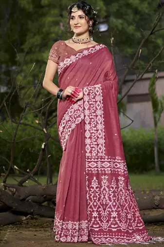Sangam prints dark pink cotton woven work traditional saree