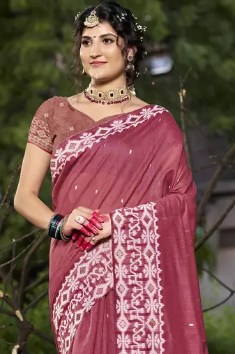 Sangam prints dark pink cotton woven work traditional saree