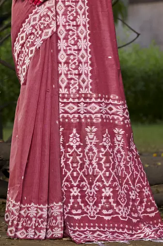 Sangam prints dark pink cotton woven work traditional saree