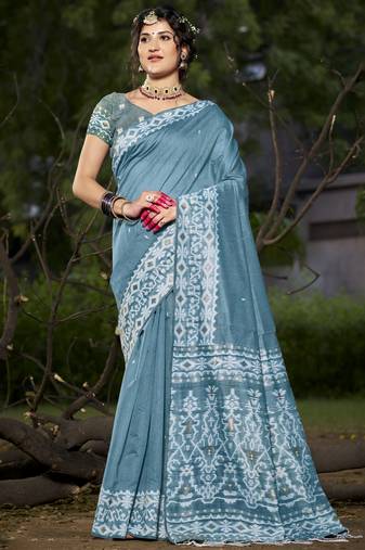 Sangam prints light blue cotton woven work traditional saree