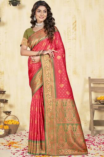 Sangam prints pink silk woven work traditional saree